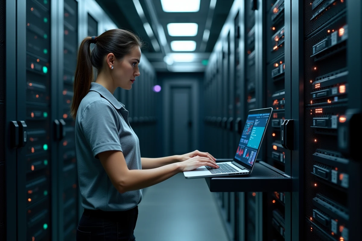 Administratrice réseau analysant les journaux d'alertes d'un système IDS dans une salle de serveurs