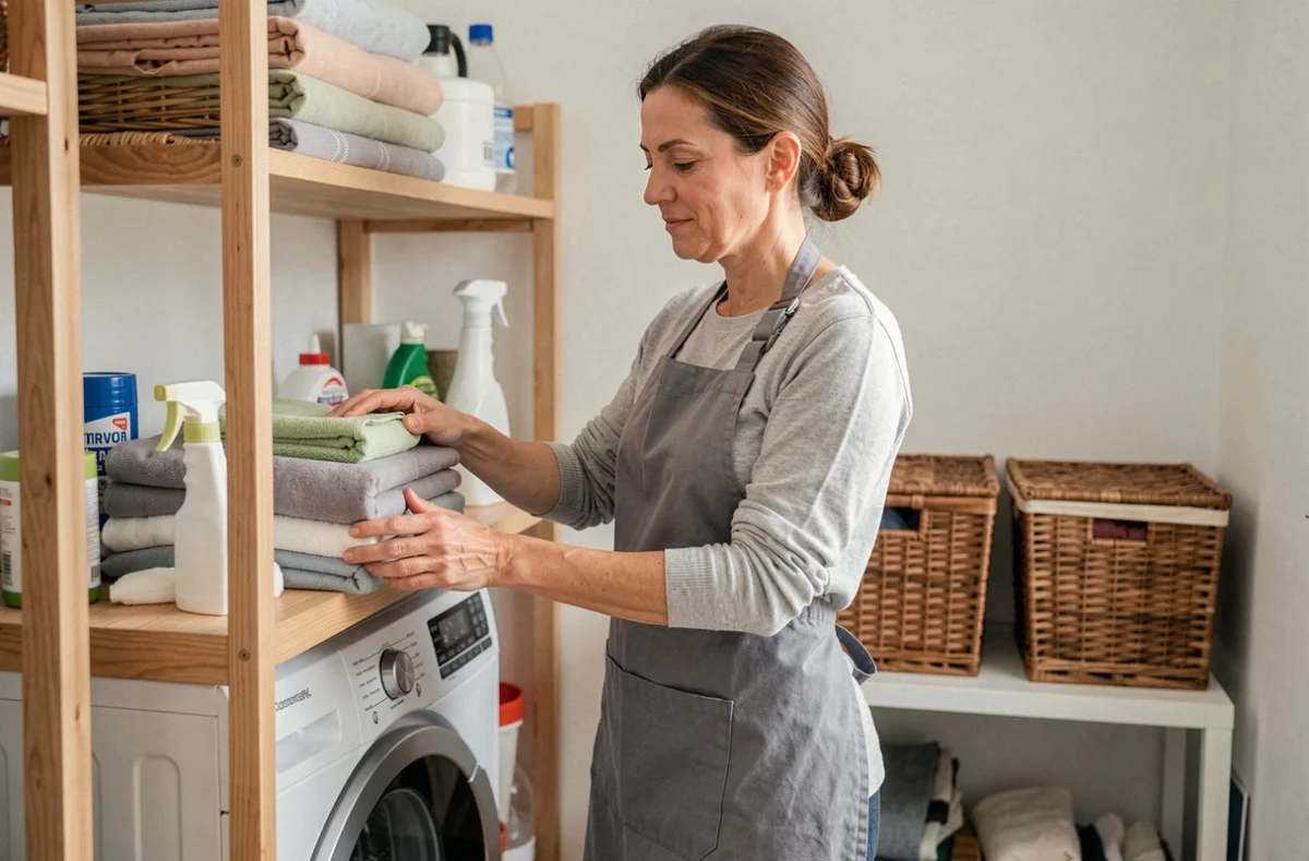 Aide ménagère rangeant du linge propre dans une buanderie, illustrant les prestations de ménage à domicile et les tarifs Wecasa en 2026
