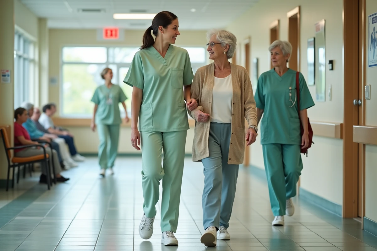 Aide soignante guidant une personne dans centre communautaire