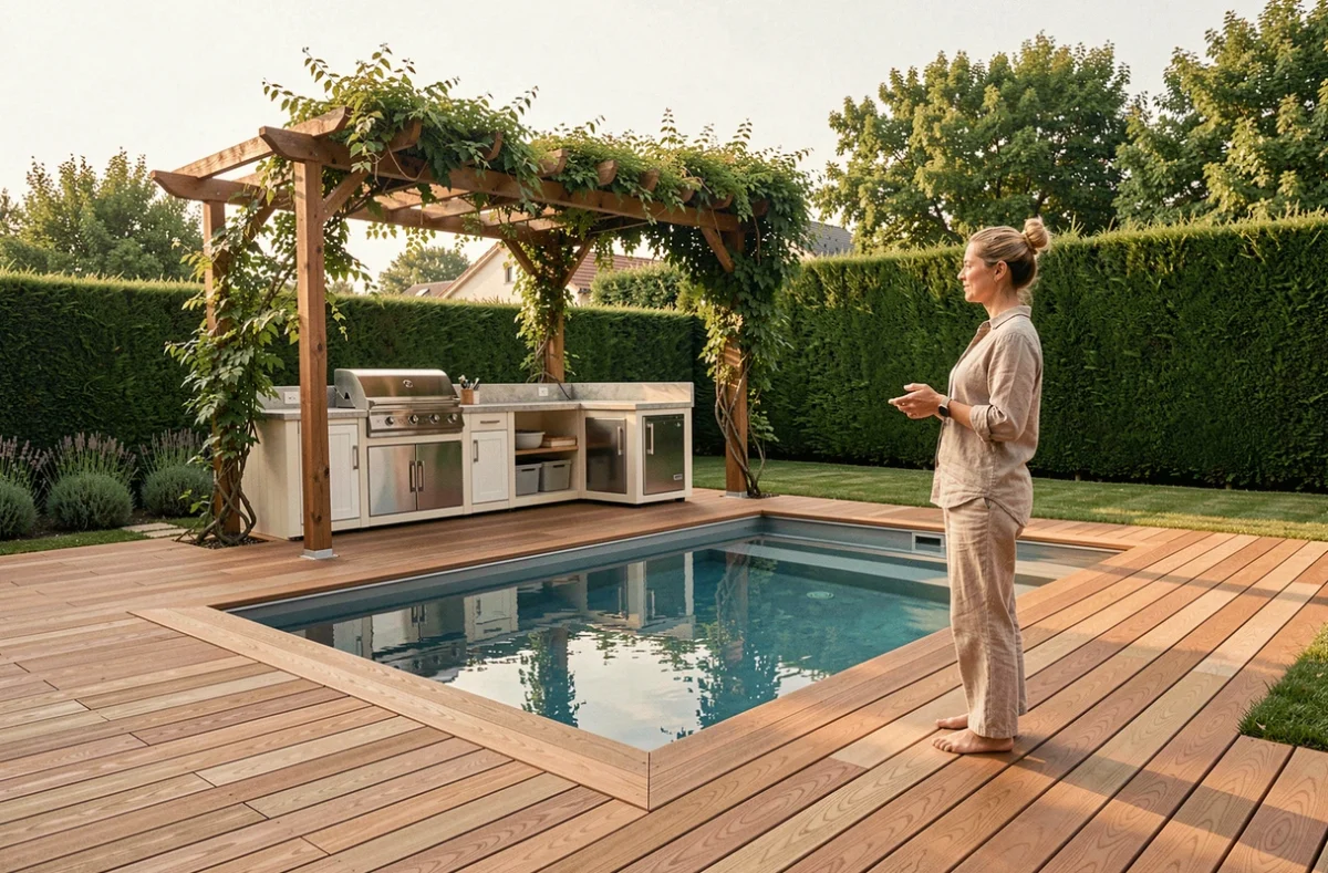 Aménagement extérieur Max Aménagement près de Lyon avec piscine intégrée, terrasse en bois composite et pergola végétalisée