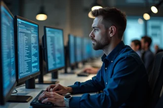 Analyste en cybersécurité consultant un tableau de bord IDS sur deux écrans dans un bureau open-space moderne