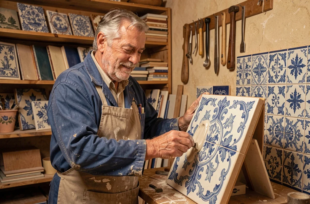 Artisan carreleur d'Angelino Carrelages appliquant un carreau céramique artisanal dans un atelier provençal traditionnel