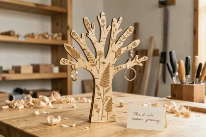 Arbre à bijoux en bois de bouleau gravé de motifs botaniques, avec bagues accrochées aux branches, posé sur une table d'atelier en chêne