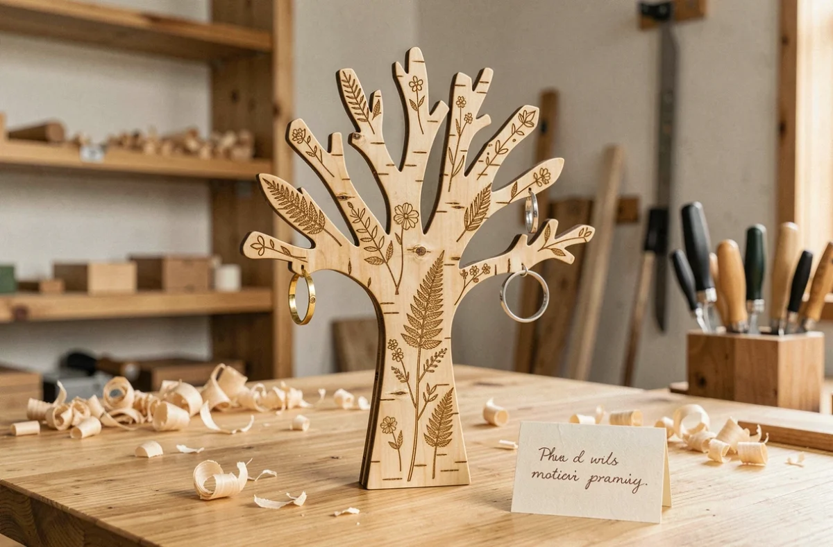 Arbre à bijoux en bois de bouleau gravé de motifs botaniques, avec bagues accrochées aux branches, posé sur une table d'atelier en chêne