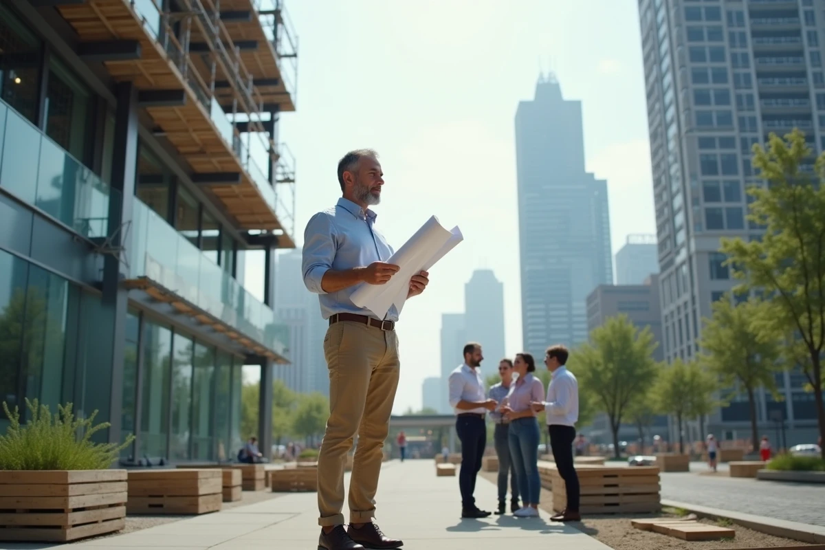 Architecte discutant sur un chantier urbain futuriste