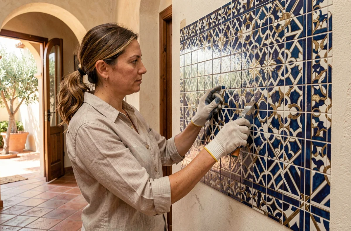 Artisane d'Art et Nova installant un panneau de mosaïque géométrique dans le hall d'entrée d'une villa méditerranéenne