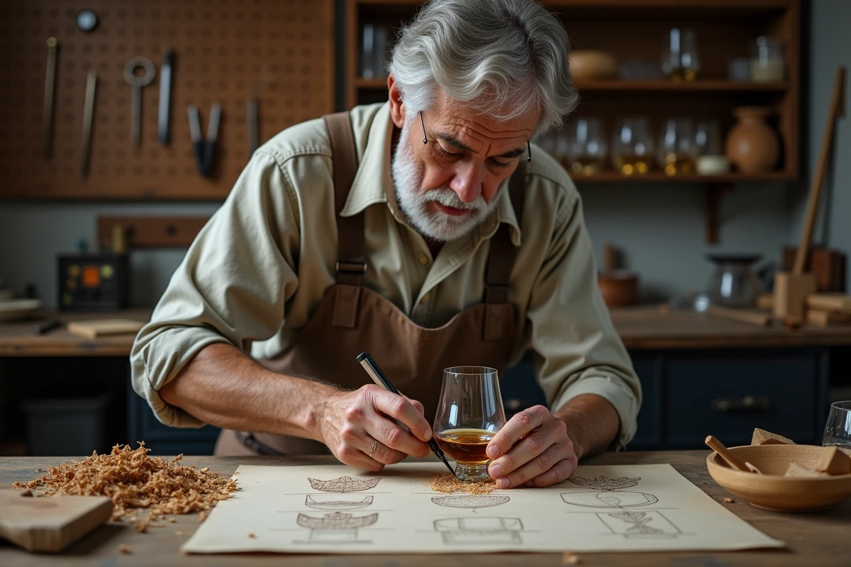 Artisan gravant un verre à whisky en cristal avec des motifs japonais dans son atelier