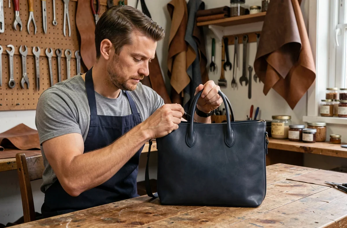 Artisan maroquinier inspectant la qualité d'une coloration sur un sac en cuir restauré dans son atelier