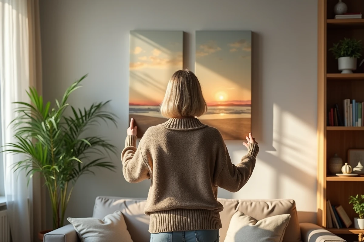 Femme arrangeant des toiles dans un salon lumineux