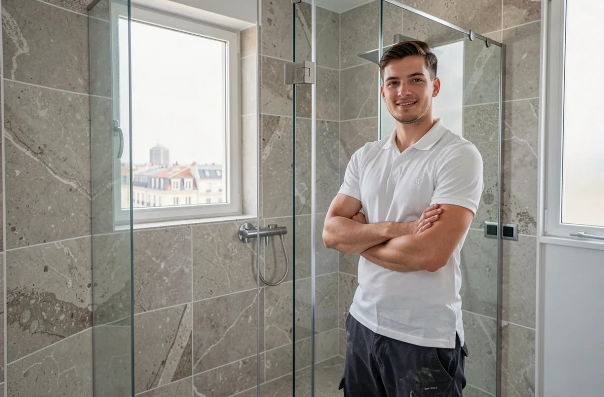 Entrepreneur d'AVM Rénovation présentant une salle de bain rénovée avec carrelage grand format à Marseille