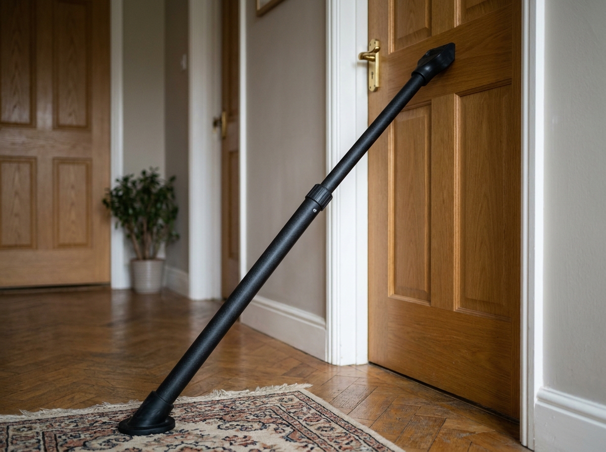 Barre de sécurité en acier réglable coincée sous la poignée d'une porte intérieure avec embout en caoutchouc sur parquet