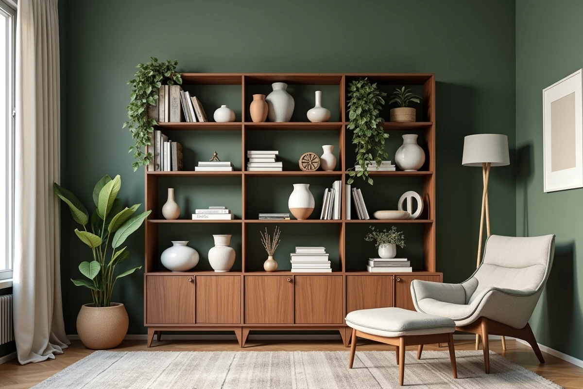 Bibliothèque basse comme séparation meuble dans un salon moderne, divisant espace bureau et coin lecture avec plantes suspendues