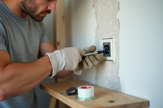 Électricien amateur branchant une prise murale 3 fils avec tournevis et gants de protection dans un intérieur en rénovation