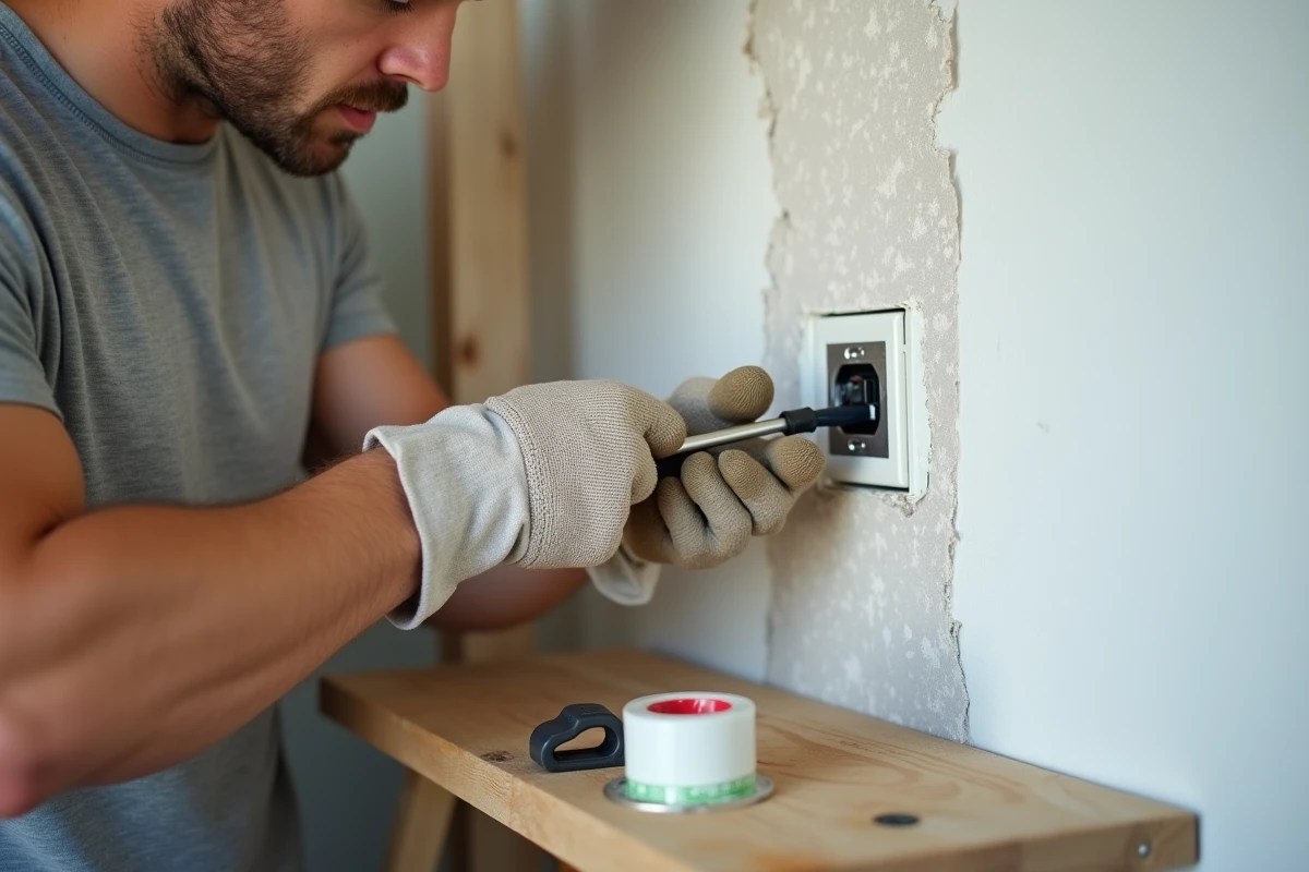 Électricien amateur branchant une prise murale 3 fils avec tournevis et gants de protection dans un intérieur en rénovation