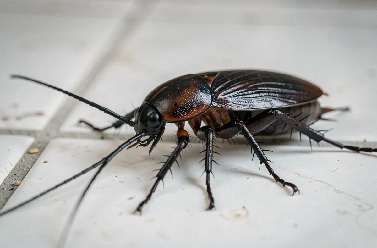 Cafard noir en gros plan sur carrelage blanc de cuisine, montrant la texture brillante de son exosquelette et ses antennes