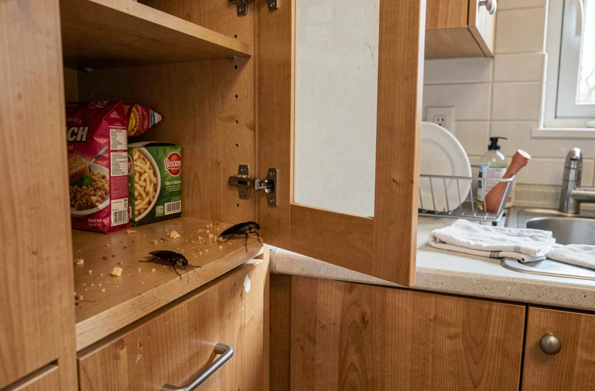 Cafard noir sur l'étagère d'un placard de cuisine ouvert avec des denrées alimentaires visibles