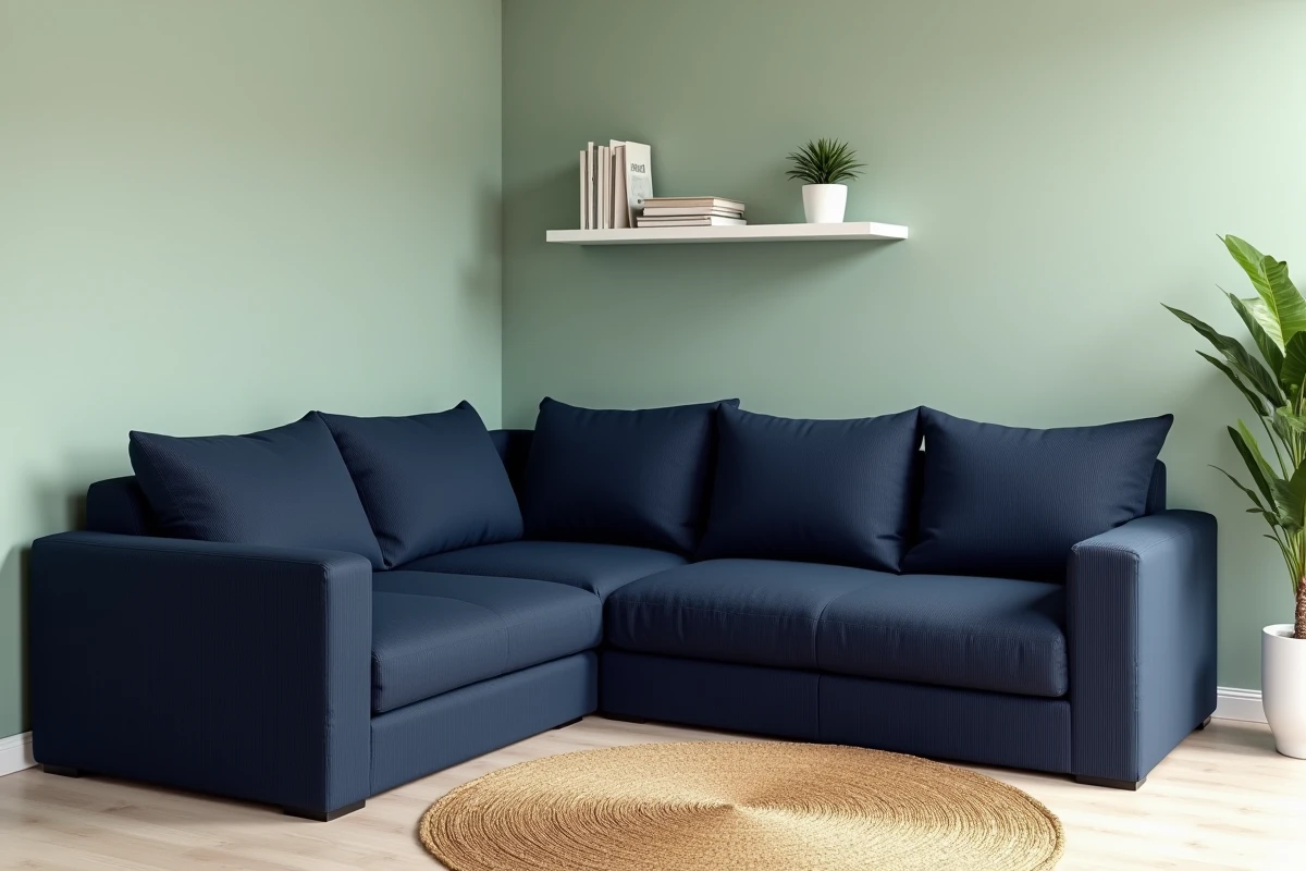 Canapé en L avec housse bleu marine dans un petit salon moderne optimisé avec étagère flottante et tapis jute