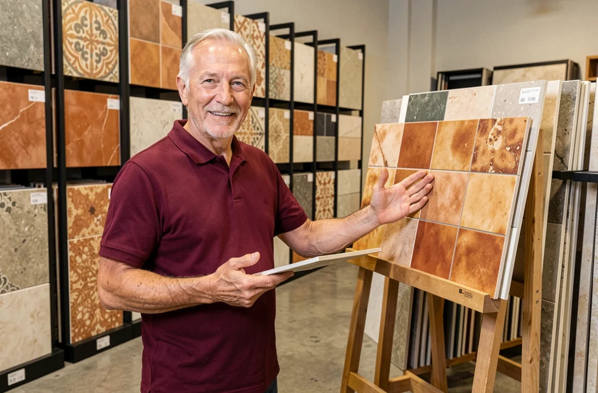 Responsable de Carrelages Pagano présentant une collection de carreaux provençaux dans son showroom spécialisé