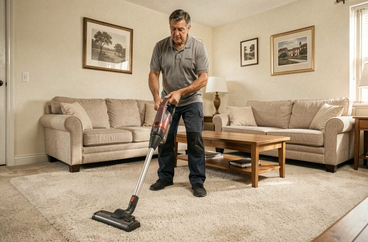 Agent Centre Services Essonne passant l'aspirateur sur un tapis beige dans un salon bien rangé