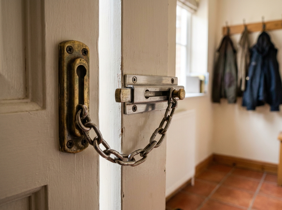 Chaîne de sécurité en laiton et acier tendue sur le bord d'une porte d'entrée vue de l'intérieur du couloir