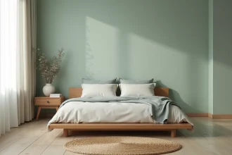 Chambre apaisante aux murs vert sauge avec literie en lin naturel et décoration douce pour un sommeil serein