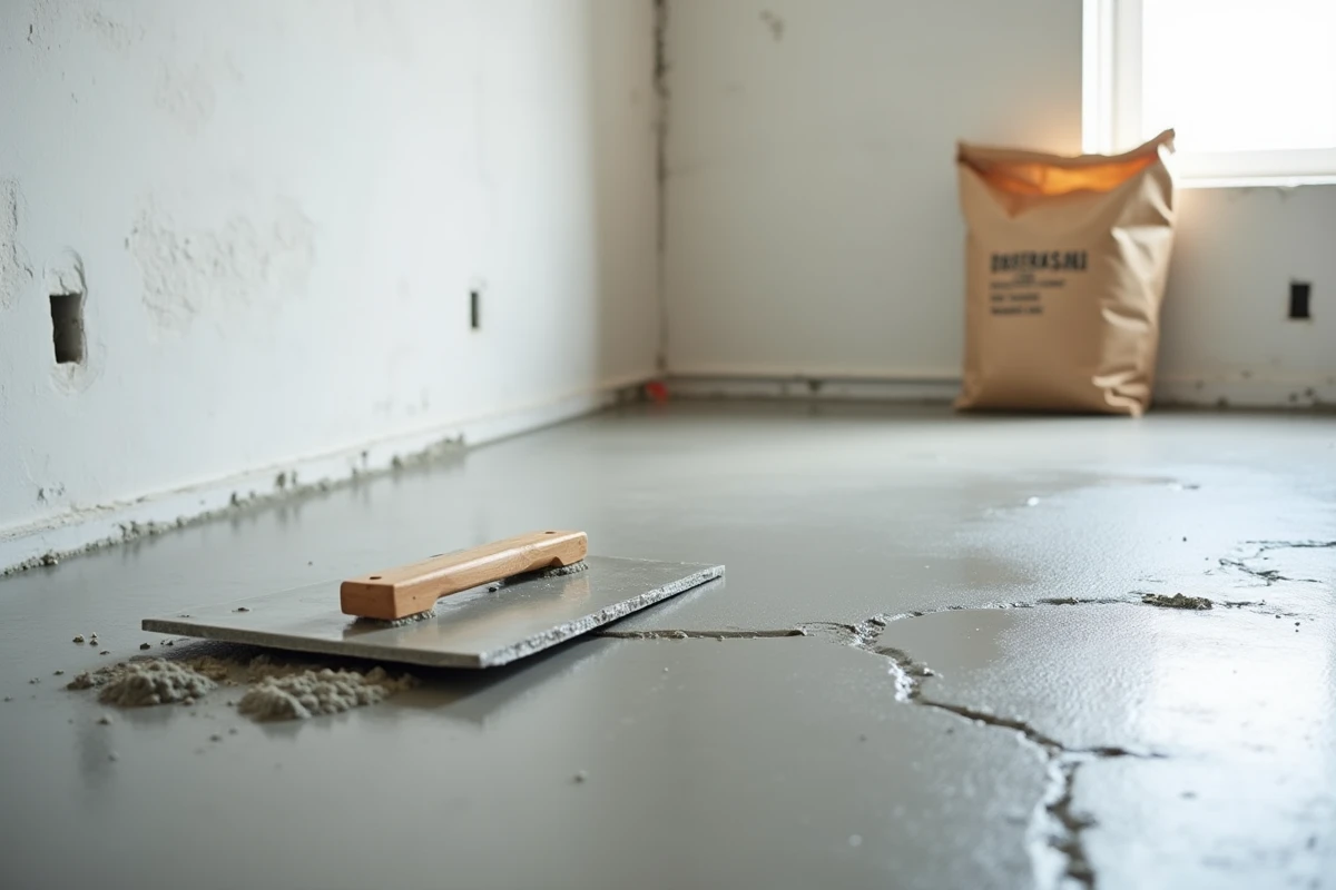 Chape ciment fraîchement coulée dans un chantier de rénovation résidentielle avec taloche et sac de ciment en arrière-plan