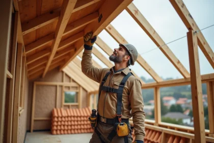 Charpentier professionnel posant des poutres en bois sur une toiture de maison en construction, illustrant la main-d'œuvre en charpente