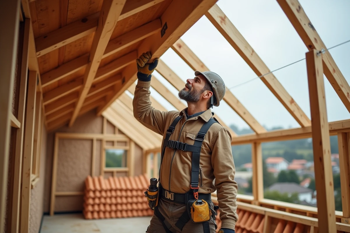 Charpentier professionnel posant des poutres en bois sur une toiture de maison en construction, illustrant la main-d'œuvre en charpente
