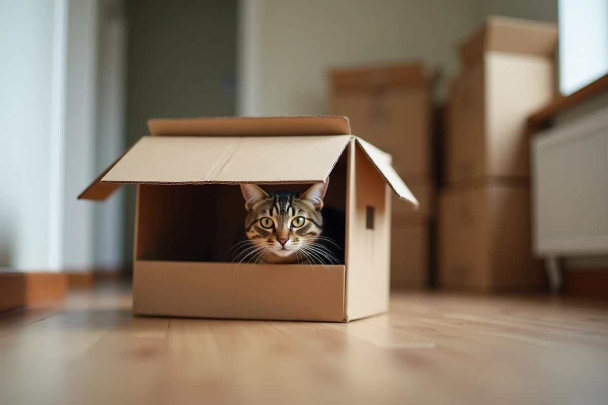 Chat tabby dans une boîte en carton lors d’un déménagement