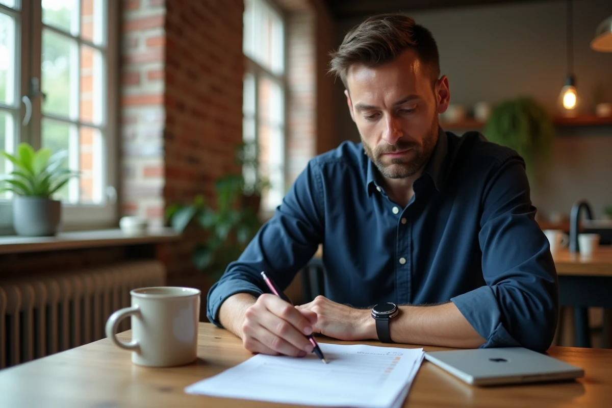 Homme vérifiant une check-list de conformité double vitrage avant la signature d'un compromis de vente