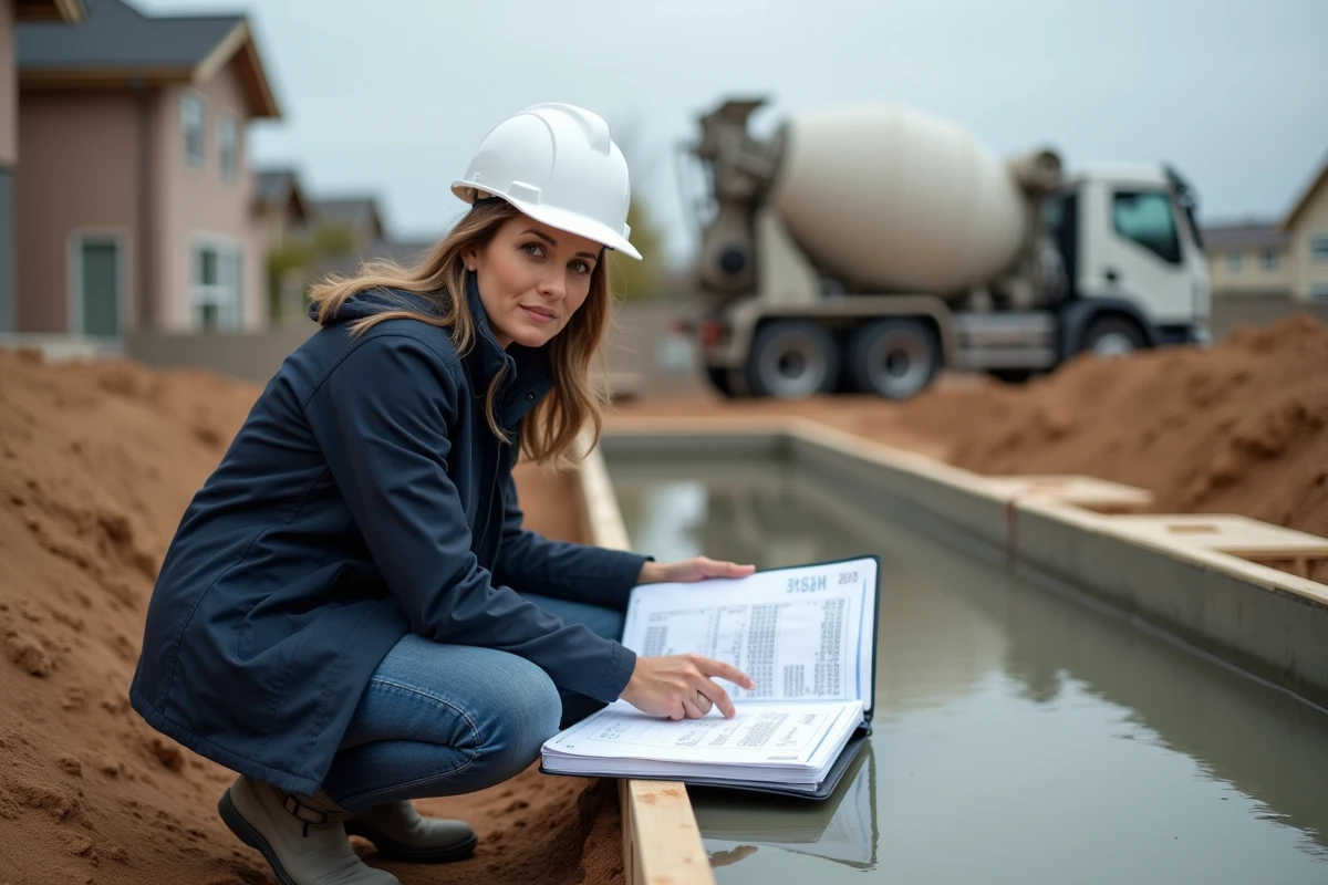 Chef de projet féminin examinant le budget de gros œuvre sur un chantier de fondation en béton