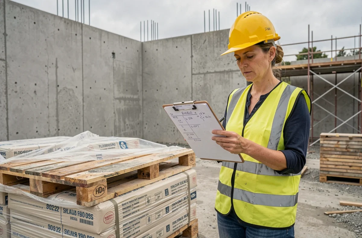 Cheffe de chantier calculant le nombre de sacs de ciment de 25 kg nécessaires sur une palette à côté d'un chantier