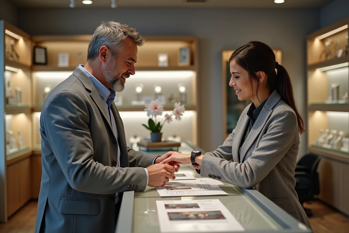 Client discutant du prix de remplacement de pile de montre avec une vendeuse en boutique