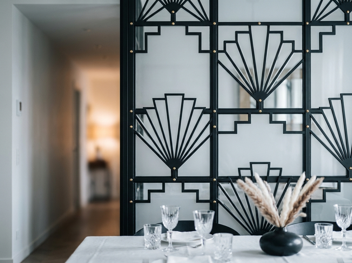Cloison verrière intérieure Art Déco en acier noir et laiton avec motifs géométriques en éventail séparant une salle à manger d'un couloir haussmannien