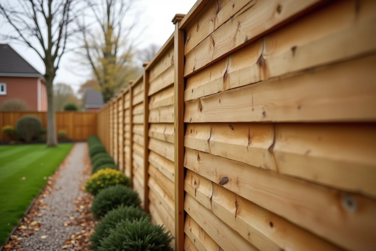 Clôture en lames de bois horizontales installées dans un jardin résidentiel illustrant le calcul en mètres linéaires et m2