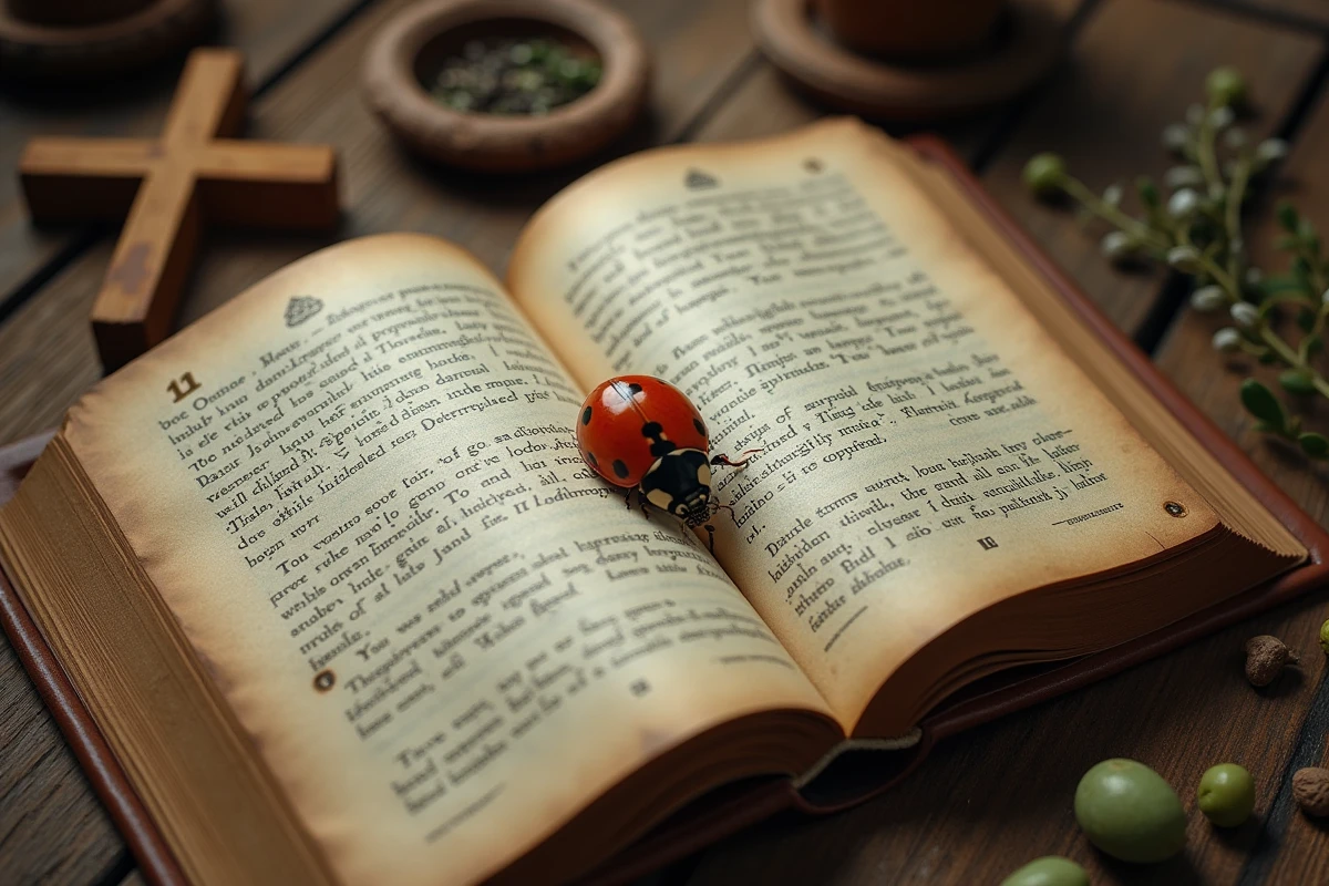 Coccinelle sur un vieux livre religieux entouré d'objets spirituels évoquant la symbolique religieuse de cet insecte
