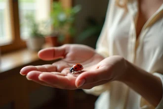 Coccinelle rouge posée sur la main d'une femme près d'une fenêtre, symbolisant chance et bénédiction dans les traditions du monde