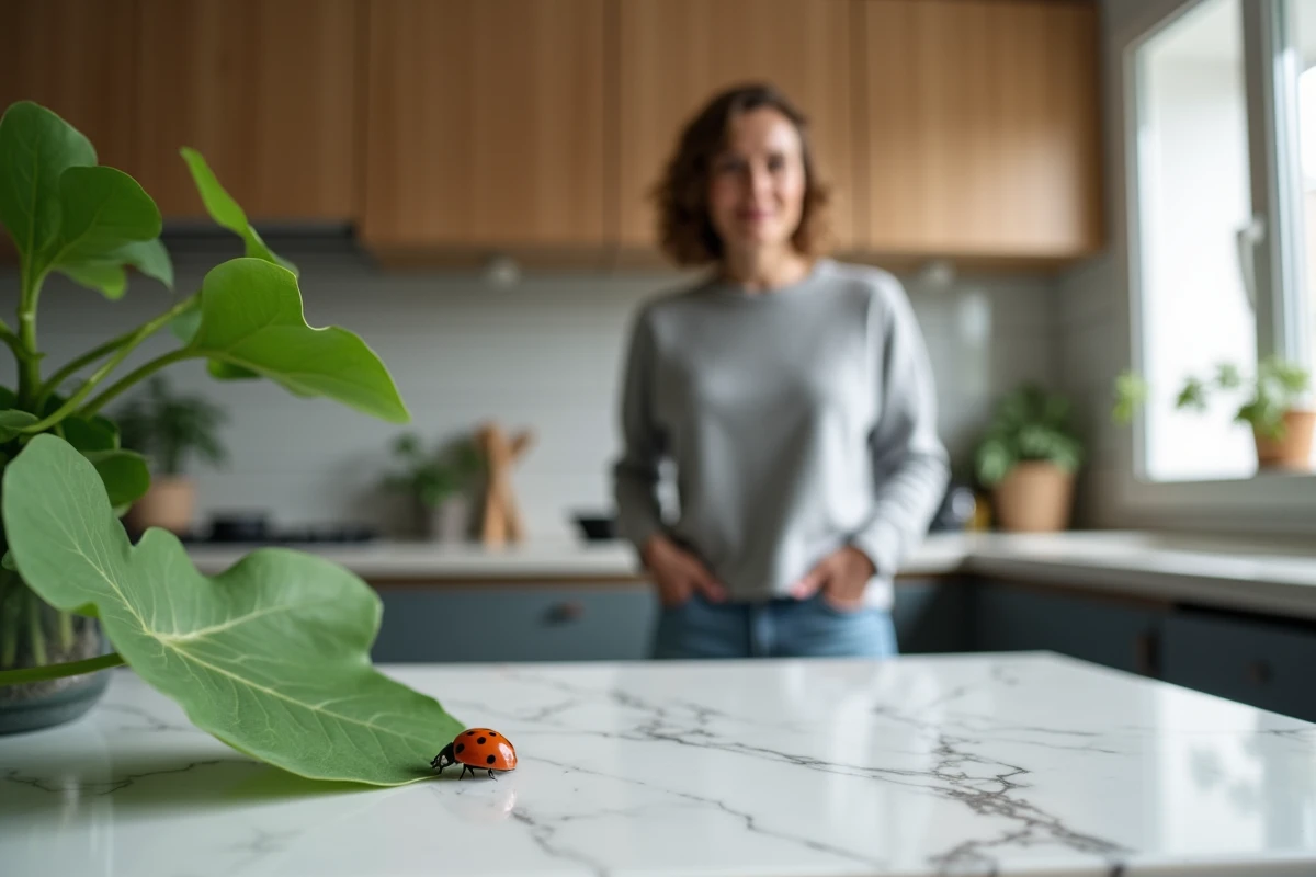 Coccinelle sur une plante d'intérieur dans une cuisine moderne, femme observant l'insecte avec curiosité, symbole de chance à la maison