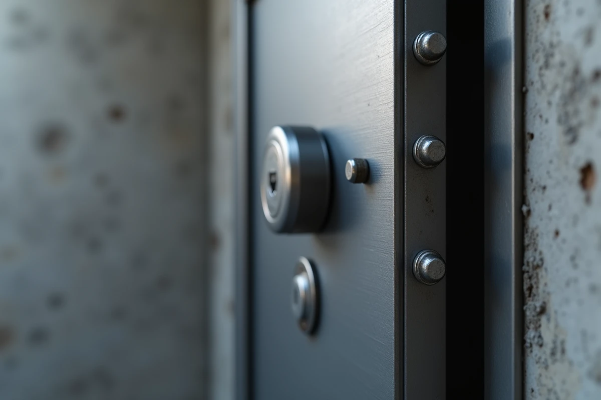 Gros plan sur la porte d'un coffre fort scellé avec lecteur d'empreinte digitale biométrique et boulons d'ancrage dans un mur en béton