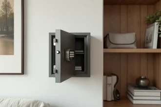 Coffre fort scellé dans un mur de bureau à domicile, partiellement dissimulé derrière un tableau, porte entrouverte révélant des documents et bijoux