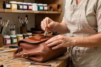 Artisane appliquant une coloration sur un sac en cuir de marque dans un atelier de maroquinerie