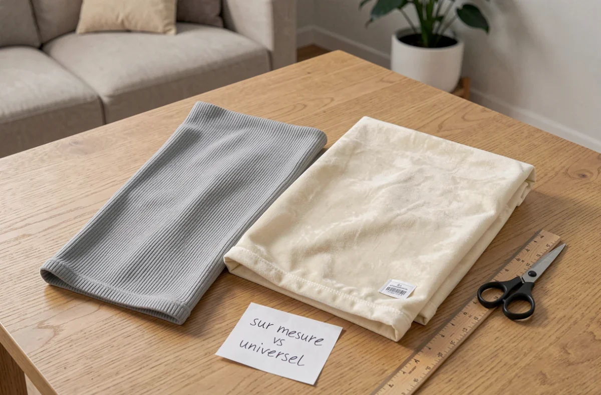 Comparaison côte à côte d'une housse de canapé universelle élastique et d'une housse sur mesure en velours crème sur une table en bois