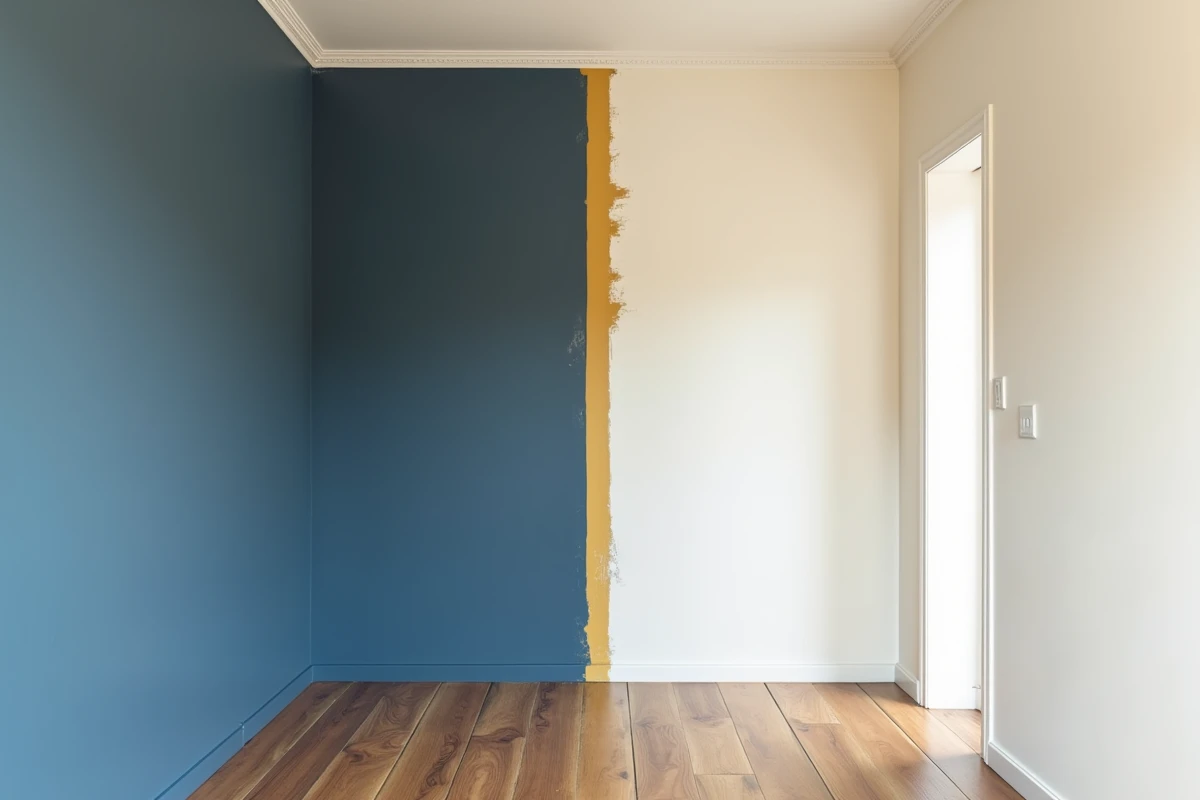 Comparaison avant-après peinture couloir étroit entre couleur sombre et teinte claire agrandissant l'espace