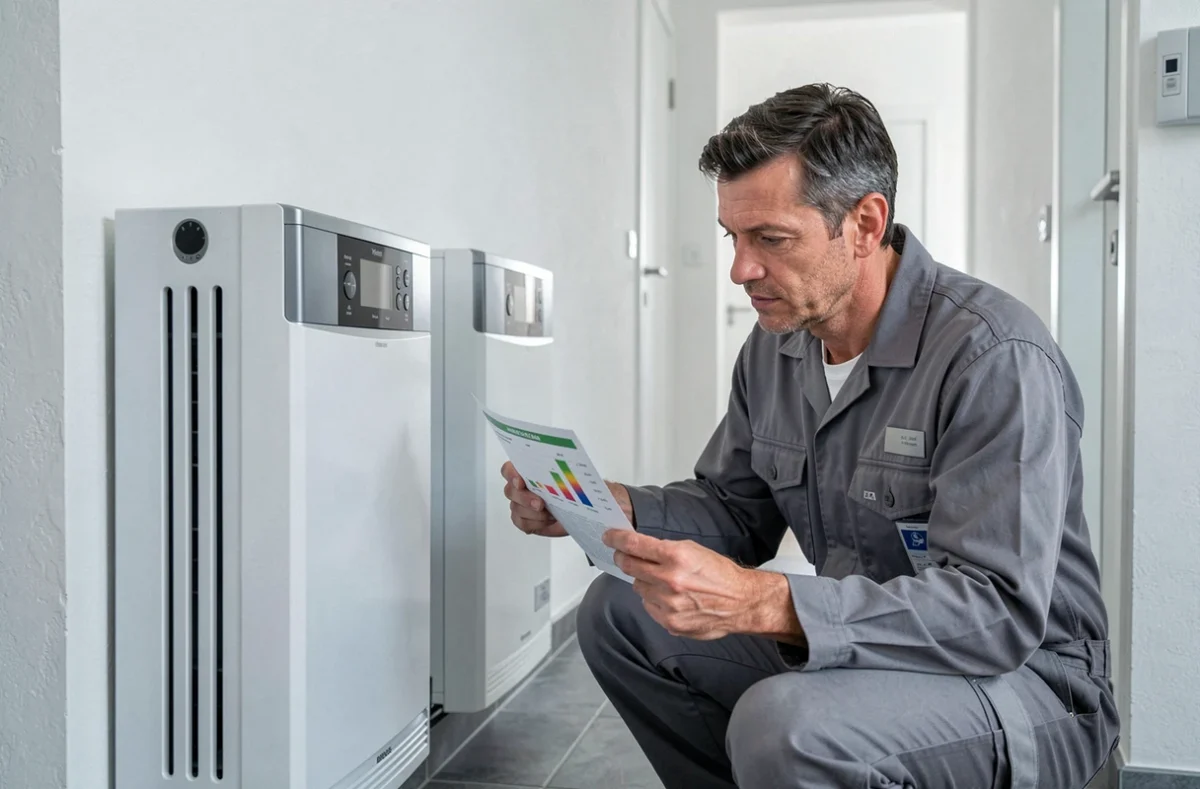 Technicien comparant un radiateur à accumulation et une pompe à chaleur dans un couloir technique résidentiel