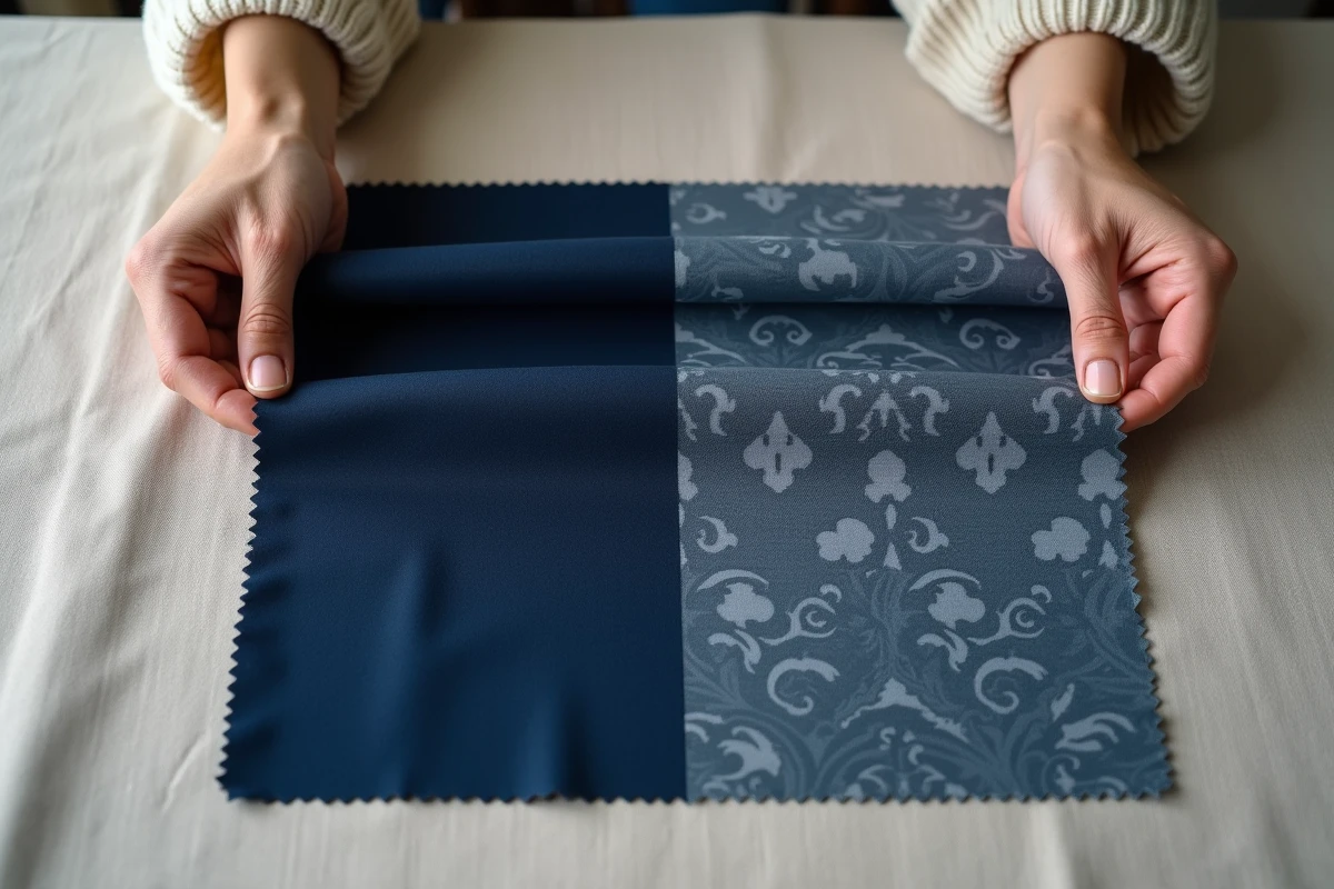 Comparaison de tissus occultants uni bleu marine et à motif jacquard damassé posés sur une table en lin naturel