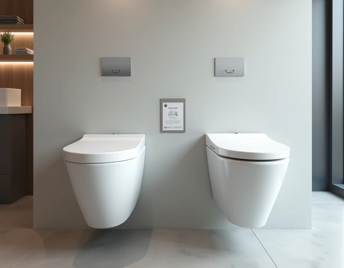 Comparaison en showroom entre WC classique et WC avec lave-main intégré, vue large pour illustrer les différences de format et de durabilité