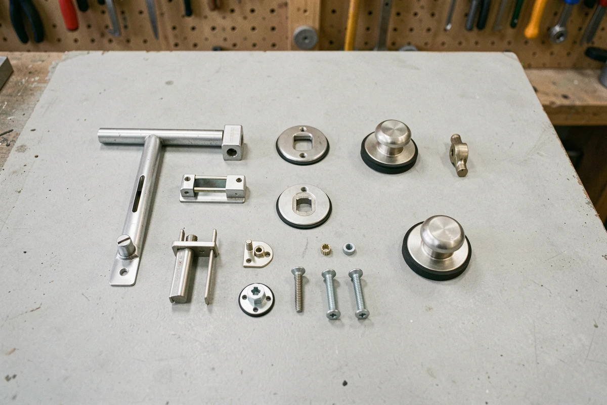 Vue à plat des composants d'un mécanisme de serrure de porte intérieure silencieuse, incluant pêne, rosace et visserie sur un établi de menuisier