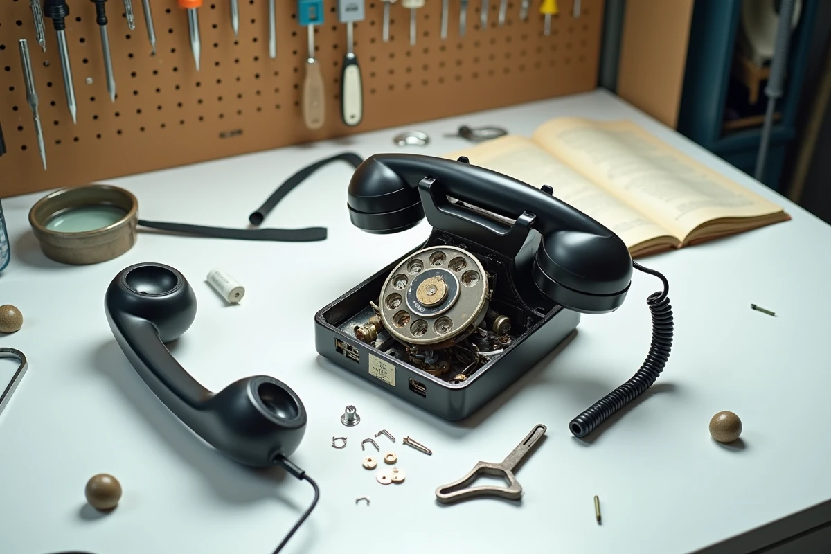 Composants internes d'un téléphone à cadran rotatif démontés sur un établi pour inspection et test de fonctionnement
