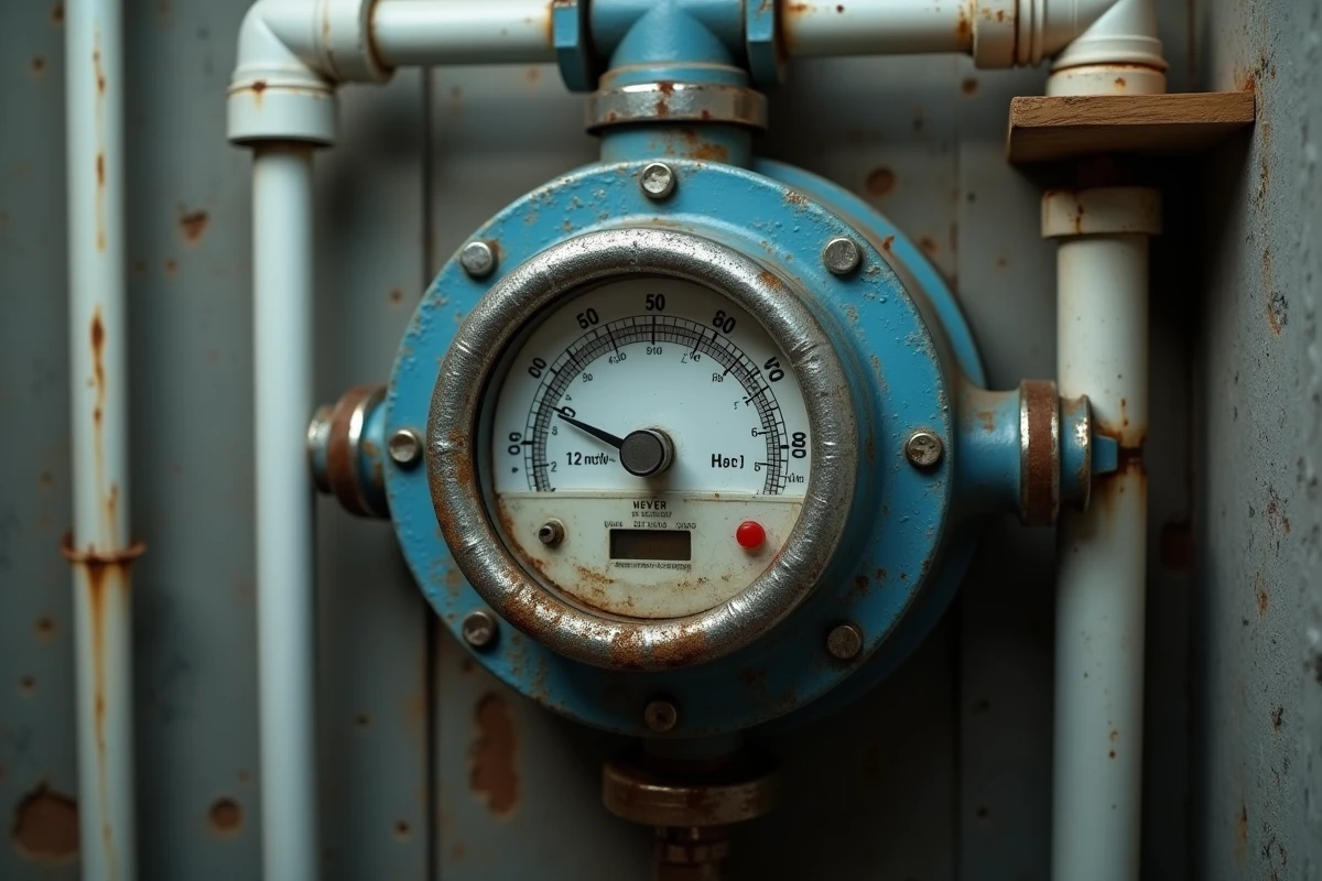 Compteur d'eau en gros plan affichant la consommation en mètres cubes dans un local technique
