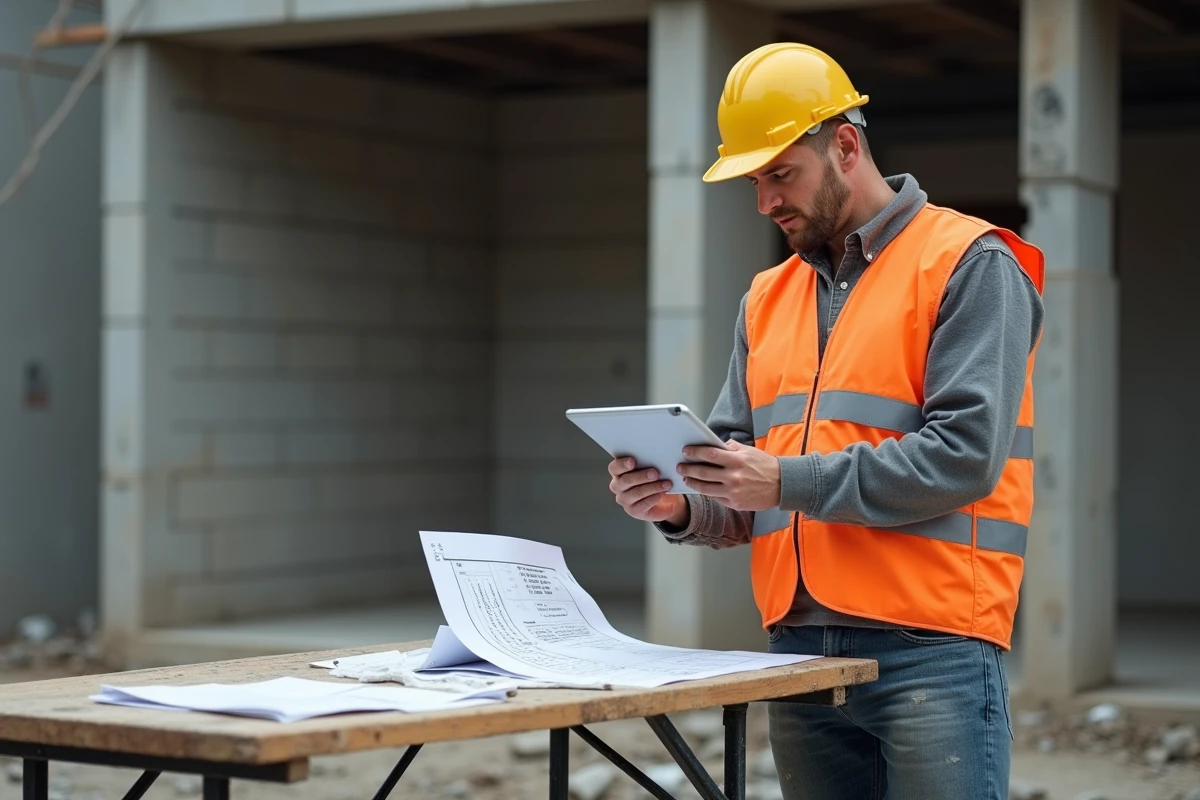Conducteur de travaux consultant un devis de gros œuvre sur tablette numérique sur un chantier de construction